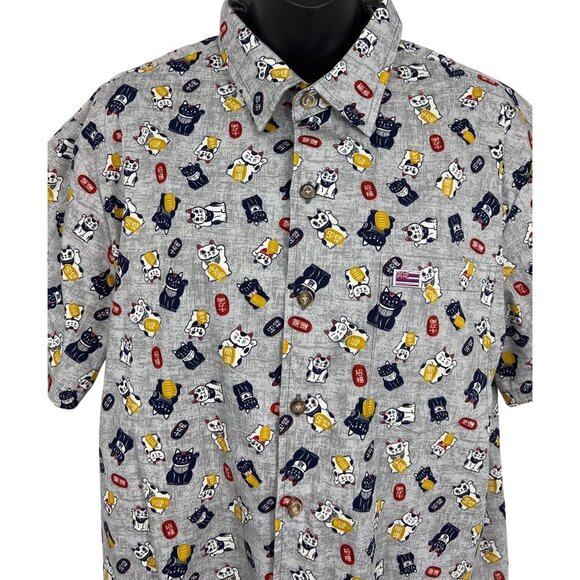 Aloha Made Me Mens Large L Hawaiian Short Sleeve Shirt Maneki Neko Grey Button - Picture 2 of 9